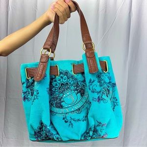VINTAGE JUICY COUTURE VELVET TEAL BUCKET BAG TOTE PURSE